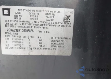 2013 GMC Terrain Sle-2 z USA, uszkodzony, nr VIN 2GKALSEK1D6203885